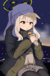 Rule 34 | 1girl, black pantyhose, black scarf, blue archive, blush, cowboy shot, food, green eyes, green jacket, grey hair, grey hoodie, halo, hare (blue archive), hare (camp) (blue archive), hat, highres, holding, holding food, hood, hood down, hooded jacket, hoodie, jacket, long hair, long sleeves, official alternate costume, pantyhose, parted lips, ponytail, scarf, solo, sweet potato, unamaso, white hat