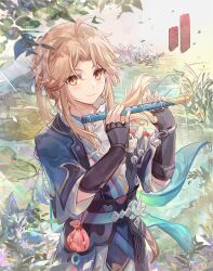 Rule 34 | 1boy, ahoge, androgynous, blonde hair, blue sky, blush, chinese clothes, closed mouth, csyday, flute, highres, holding, holding instrument, honkai: star rail, honkai (series), instrument, lily pad, long hair, long sleeves, looking at viewer, male focus, pond, ponytail, sky, smile, solo, yanqing (honkai: star rail), yellow eyes
