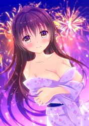Rule 34 | 1girl, blush, breasts, brown eyes, brown hair, cleavage, closed mouth, commentary request, crossed arms, fireworks, japanese clothes, kantai collection, kimono, long hair, looking at viewer, medium breasts, smile, solo, yamato (kancolle), yukata, yuzukaze rio