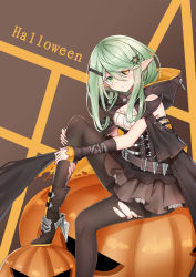 Rule 34 | 1girl, absurdres, arm warmers, bandages, belt, black cape, black footwear, black pantyhose, blush, boots, braid, breasts, brown background, brown skirt, cape, full body, girls&#039; frontline, green eyes, green hair, hair ornament, hairclip, halloween, hand on own leg, heterochromia, highres, hood, hood down, jack-o&#039;-lantern, knee up, knife, long hair, looking at viewer, medium breasts, mismatched sclera, official alternate costume, pantyhose, pointy ears, shaoxiao, simple background, sitting, skirt, solo, tac-50 (elf helsing) (girls&#039; frontline), tac-50 (girls&#039; frontline), torn clothes, torn pantyhose