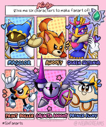 Rule 34 | 1girl, \m/, animal ears, armor, awoofy, baseball cap, crown, fox ears, fox girl, galacta knight, gloves, hat, heart, highres, holding, holding shield, insect wings, kirby&#039;s adventure, kirby&#039;s epic yarn, kirby: triple deluxe, kirby (series), kirby and the forgotten land, kirby super star ultra, lance, magolor, mask, multiple drawing challenge, ne0n, nintendo, one eye closed, paint roller (kirby), pauldrons, polearm, prince fluff, purple eyes, queen sectonia, rayman limbs, roller skates, shield, shoulder armor, six fanarts challenge, skates, staff, star (symbol), weapon, white gloves, wings
