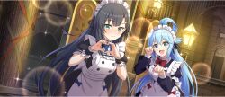 2girls apron aqua_(konosuba) black_hair black_ribbon black_sleeves blue_bow blue_bowtie blue_eyes blue_hair blue_ribbon blush bow bowtie breasts embarrassed game_cg green_eyes hair_ornament hair_ribbon hairclip highres kono_subarashii_sekai_ni_shukufuku_wo! konosuba!_fantastic_days lia_(konosuba) long_hair long_sleeves looking_at_viewer maid_apron maid_headdress medium_breasts multiple_girls official_art puffy_long_sleeves puffy_short_sleeves puffy_sleeves red_bow red_bowtie red_ribbon ribbon short_sleeves white_wrist_cuffs wrist_cuffs