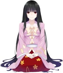 Rule 34 | 1girl, black hair, blunt bangs, bow, bowtie, breasts, collarbone, commentary request, crote, floral print, full body, houraisan kaguya, long hair, long sleeves, looking at viewer, pink shirt, red eyes, red skirt, shirt, simple background, sitting, skirt, small breasts, smile, solo, straight-on, touhou, transparent background, very long hair, white background, white bow, white bowtie, wide sleeves