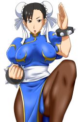 Rule 34 | 1girl, arm up, bracelet, breasts, brown eyes, brown hair, bun cover, capcom, china dress, chinese clothes, chun-li, clenched hand, covered erect nipples, double bun, dress, earrings, female focus, fighting stance, goriate, hair bun, jewelry, large breasts, leg lift, leg up, legs, lipstick, makeup, pantyhose, simple background, solo, spiked bracelet, spikes, standing, street fighter, thighs, white background