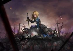 Rule 34 | 1girl, ahoge, armor, armored dress, artoria pendragon (all), artoria pendragon (fate), ask (askzy), battlefield, blonde hair, blood, caliburn (fate), corpse, dress, fate/stay night, fate (series), faulds, field of blades, gauntlets, green eyes, hair down, long hair, planted, planted sword, planted weapon, reference work, saber (fate), solo, sword, weapon