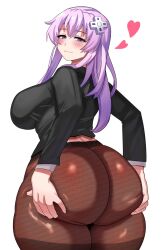 Rule 34 | 1girl, ass grab, ass support, blush, breasts, d-pad, d-pad hair ornament, from behind, grabbing own ass, hair ornament, heart, highres, large breasts, long hair, long sleeves, looking at viewer, looking back, naughty face, nepgear, neptune (series), office lady, pantyhose, purple eyes, purple hair, smile, solo, thick thighs, thighs, tight clothes, white background, wide hips, ytrall