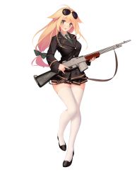 Rule 34 | 1girl, :d, ahoge, aviator sunglasses, black coat, black footwear, black jacket, black skirt, blonde hair, bow, breasts, browning automatic rifle, buttons, coat, collared shirt, epaulettes, eyebrows, eyewear on head, full body, girls&#039; frontline, glasses, gold trim, green bow, green necktie, gun, gun sling, hair bow, highres, holding, holding gun, holding weapon, jacket, leg up, long hair, long sleeves, looking at viewer, low-tied long hair, m1918 (girls&#039; frontline), machine gun, medium breasts, military, military uniform, miniskirt, necktie, official art, open mouth, pleated skirt, rifle, shirt, shoes, skirt, smile, solo, standing, standing on one leg, suisai., sunglasses, thigh gap, thighhighs, transparent background, trigger discipline, uniform, very long hair, weapon, white shirt, white thighhighs, wing collar, yellow eyes, zettai ryouiki