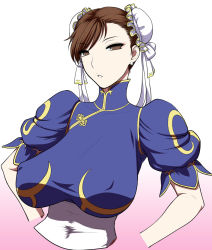 Rule 34 | 1girl, breasts, brown eyes, brown hair, bun cover, capcom, china dress, chinese clothes, chun-li, double bun, dress, earrings, huge breasts, jewelry, sagging breasts, solo, st.germain-sal, street fighter