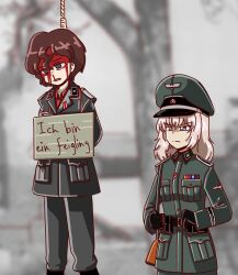 2girls absurdres akaboshi_koume black_cat03 blood brown_hair corpse empty_eyes execution germany girls_und_panzer grey_hair gun guro hanged highres itsumi_erika long_hair military_uniform multiple_girls nazi rope short_hair standing tree waffen-ss weapon world_war_ii