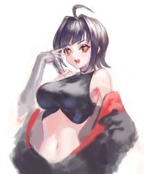 Rule 34 | 1girl, ahoge, bare shoulders, black coat, black hair, black shirt, blush, breasts, coat, crop top, detached sleeves, diamond-shaped pupils, diamond (shape), dine (world flipper), female focus, grey sleeves, hair intakes, hand up, happy, large breasts, level9kaito, light blush, looking at viewer, navel, off-shoulder coat, off shoulder, open mouth, red eyes, shirt, short hair, sidelocks, simple background, sketch, sleeveless, sleeveless shirt, smile, solo, stomach, symbol-shaped pupils, teeth, upper body, white background, world flipper