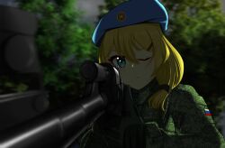 Rule 34 | aiming, ak-74m, assault rifle, black hairband, blonde hair, blue beret, blue eyes, blue hat, camouflage, digital camouflage, foreshortening, gloves, gun, hair ornament, hairband, hairclip, hat, highres, jacket, kalashnikov rifle, military, military jacket, military uniform, rifle, russia, russian army, sci (31134306), squad (video game), uniform, weapon