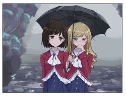Rule 34 | 2girls, ascot, black hair, black umbrella, blonde hair, blush, bow, brooch, claire francois, drill hair, hair bow, hand on another&#039;s shoulder, hand up, jewelry, krill55, long hair, long sleeves, looking at another, multiple girls, outdoors, overcast, rain, red bow, rae taylor, short hair, sky, standing, umbrella, watashi no oshi wa akuyaku reijou, yuri