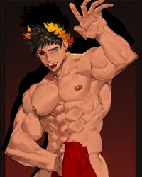 Rule 34 | 1boy, abs, bad id, bad twitter id, bara, biceps, black hair, black sclera, colored sclera, completely nude, covering privates, covering crotch, feet out of frame, green eyes, hades (series), hades 1, hand up, heterochromia, highres, large pectorals, laurel crown, male focus, mismatched sclera, muscular, muscular male, nipples, nude, nude cover, pectorals, red eyes, short hair, sideburns, solo, stomach, sweatdrop, uza (hellme), veins, zagreus (hades)