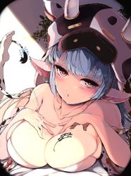 Rule 34 | 1girl, animal ears, animal print, blue hair, blue ribbon, blunt bangs, body writing, breasts, catura (granblue fantasy), cleavage, collarbone, commentary request, cow ears, cow hat, cow horns, cow print, cow tail, detached sleeves, draph, earrings, feet, granblue fantasy, highres, horns, huge breasts, jewelry, kyuu (plastic night q), large breasts, long hair, looking at viewer, lying, on stomach, red eyes, ribbon, solo, tail, tail ornament, tail ribbon, thighhighs, white thighhighs