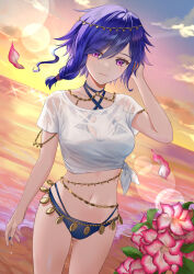 Rule 34 | 1girl, beach, belly chain, blue nails, breasts, character request, commentary request, copyright request, cowboy shot, dutch angle, flower, hand up, head chain, highres, jewelry, kusunokinawate, looking at viewer, medium breasts, midriff, nail polish, navel, no pants, pink flower, purple eyes, purple hair, shirt, short hair, smile, solo, standing, stomach, sunset, thighs, tied shirt, virtual youtuber, white shirt