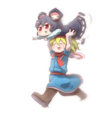 Rule 34 | 2girls, absurdres, alice margatroid, animal ear fluff, animal ears, black footwear, blonde hair, blue dress, blush, boots, brown footwear, capelet, carrying, carrying person, closed eyes, commentary request, cookie (touhou), cross-laced footwear, dress, full body, grey skirt, grey vest, hairband, highres, ichigo (cookie), long sleeves, mouse ears, mouse girl, mouse tail, multiple girls, nazrin, niwarhythm, nyon (cookie), open mouth, red eyes, red hairband, red neckwear, running, shirt, shoes, short hair, simple background, skirt, skirt set, smile, socks, tail, touhou, vest, white background, white capelet, white legwear, white shirt