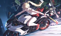 Rule 34 | 1girl, axe, bare shoulders, black shorts, blonde hair, breasts, cleavage, commentary request, high ponytail, highres, holding, holding axe, lamppost, medium breasts, motor vehicle, motorcycle, open mouth, orange eyes, original, outdoors, red footwear, road, seuhyo99, shorts, sitting, solo, tank top, tire, tree, white tank top