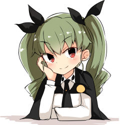 Rule 34 | 10s, 1girl, anchovy (girls und panzer), anzio school uniform, barashiya, black cape, black necktie, black ribbon, cape, closed mouth, dress shirt, drill hair, girls und panzer, green hair, hair ribbon, hand on own face, head rest, highres, long hair, long sleeves, looking at viewer, necktie, portrait, red eyes, ribbon, school uniform, shirt, smile, solo, twin drills, twintails, white shirt