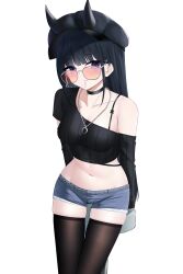 Rule 34 | 1girl, absurdres, arms behind back, azur lane, black choker, black hair, black shirt, blue shorts, breasts, choker, cleavage, crop top, demon girl, demon horns, detached sleeves, glasses, hat, highres, hip focus, horns, horns through headwear, leaning on object, legs together, long hair, medium breasts, midriff, navel, noshiro (azur lane), noshiro (dressed-up date) (azur lane), off-shoulder shirt, off shoulder, official alternate costume, on stool, purple eyes, shirt, short shorts, shorts, single bare shoulder, sitting, skindentation, solo, stomach, striped clothes, striped shirt, sunglasses, thigh gap, thighhighs, thighs, torn clothes, torn shorts, vertical-striped clothes, vertical-striped shirt, very long hair, zerotwenty (020)