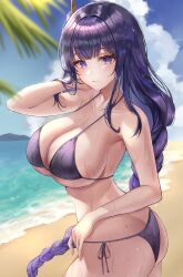 Rule 34 | 1girl, absurdres, ass, beach, bikini, blush, braid, breasts, cleavage, closed mouth, collarbone, day, from side, genshin impact, hair ornament, hand in own hair, highres, jinsoulsan, jinsoulsan, large breasts, long hair, looking at viewer, looking to the side, low-braided long hair, low-tied long hair, mole, mole under eye, outdoors, purple bikini, purple eyes, purple hair, raiden shogun, side-tie bikini bottom, solo, swimsuit, underboob, water, wet
