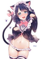 Rule 34 | 10s, 1girl, :3, :d, animal ears, artist name, bad id, bad pixiv id, bell, black panties, blue eyes, blush, bow, bowtie, cat ears, cat tail, cowboy shot, curly hair, cyan (show by rock!!), eyebrows, fang, frills, hairband, jingle bell, long hair, long sleeves, looking at viewer, mery (yangmalgage), navel, no pants, open mouth, panties, paw pose, paw print, pink bow, pink bowtie, pink ribbon, ribbon, show by rock!!, simple background, smile, solo, stomach, striped clothes, striped thighhighs, swept bangs, tail, tail bow, tail ornament, thigh gap, thighhighs, underwear, white background