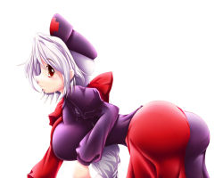 Rule 34 | 1girl, all fours, ass, bent over, blush, braid, breasts, dress, female focus, hat, hip focus, huge ass, huge breasts, large breasts, long hair, looking at viewer, nurse cap, pantylines, ponytail, profile, silver hair, simple background, single braid, smile, solo, touhou, very long hair, white background, wide hips, yagokoro eirin, yanmarson