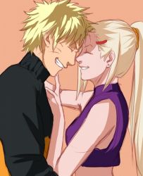Rule 34 | 1boy, 1girl, bare arms, blonde hair, breasts, closed eyes, couple, earrings, facial mark, facing another, forehead-to-forehead, from side, grin, hair ornament, hair tie, hairclip, hand on another&#039;s chin, hand up, happy, heads together, hetero, high ponytail, hug, jacket, jewelry, long hair, long sleeves, medium breasts, midriff, naruto, naruto (series), naruto shippuuden, parted lips, ponytail, purple shirt, shirt, short hair, simple background, sleeveless, sleeveless shirt, smile, spiked hair, starchii, stud earrings, teeth, upper body, uzumaki naruto, whisker markings, whisker marks, whiskers, yamanaka ino