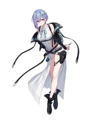 Rule 34 | 1girl, absurdres, alpha transparency, asymmetrical bangs, bare shoulders, belt, black footwear, blue eyes, breasts, collarbone, counter:side, flower, hair flower, hair ornament, highres, holding, holding scissors, knees, large breasts, levia thanis, o-ring, official art, purple hair, scissors, solo, transparent background