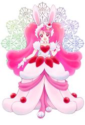 Rule 34 | 1girl, :d, aizen (syoshiyuki), animal ears, bow, cake hair ornament, choker, cure whip, cure whip (a la mode style), dress, food-themed clothes, food-themed hair ornament, full body, fur trim, gloves, hair bow, hair ornament, highres, kirakira precure a la mode, legs together, long hair, looking at viewer, magical girl, open mouth, pantyhose, pink bow, pink choker, pink eyes, pink hair, pink pantyhose, precure, rabbit ears, smile, solo, standing, twintails, usami ichika, very long hair, white background, white dress, white gloves