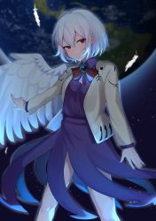 Rule 34 | 1girl, closed mouth, dress, feathered wings, feet out of frame, hair between eyes, highres, jacket, kishin sagume, legs, long sleeves, majime joe, open clothes, open jacket, purple dress, red eyes, short hair, single wing, solo, touhou, white hair, white jacket, white wings, wings