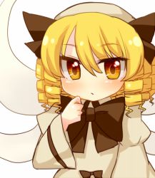 Rule 34 | 1girl, blonde hair, drill hair, fairy, fairy wings, hair between eyes, hand to own mouth, long sleeves, looking at viewer, luna child, puffy long sleeves, puffy sleeves, ruhika, simple background, solo, touhou, wings, yellow eyes