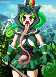 Rule 34 | 10s, absurdres, artist request, ball, beachball, bike shorts, breasts, chameleon tail, chameleon tongue, character name, commentary request, fingerless gloves, gloves, highres, hood, japari symbol, kemono friends, long tongue, ninja, open mouth, panther chameleon, panther chameleon (kemono friends), red eyes, skirt, sleeveless, solo, tail, tongue, tongue out