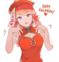 Rule 34 | 1girl, breasts, commentary, english commentary, english text, happy halloween, hat, highres, hololive, hololive english, jiangshi costume, looking at viewer, medium breasts, nail polish, nuebunny, ofuda, open mouth, orange hair, orange nails, purple eyes, qingdai guanmao, simple background, solo, takanashi kiara, upper body, virtual youtuber, white background