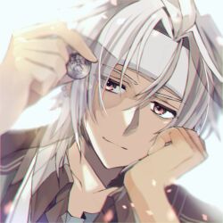 Rule 34 | 1boy, antenna hair, blurry, blurry background, coin, crow armbrust, eiyuu densetsu, hand on own cheek, hand on own face, headband, holding, holding coin, looking at viewer, natsusechoco, red eyes, sen no kiseki, smile, solo, uniform, white hair