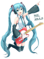 Rule 34 | 1girl, 2016, absurdly long hair, arm up, bad id, bad pixiv id, black thighhighs, blue eyes, blue hair, blue skirt, dated, detached sleeves, full body, guitar, hair ornament, hatsune miku, headphones, instrument, kaieee, long hair, matching hair/eyes, microphone, open mouth, pleated skirt, shirt, skirt, solo, thighhighs, twintails, very long hair, vocaloid, white shirt