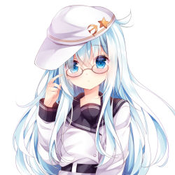 Rule 34 | 10s, 1girl, belt, bespectacled, blue eyes, blush, flat cap, glasses, hammer and sickle, hat, hibiki (kancolle), kantai collection, long hair, looking at viewer, messy hair, nogi takayoshi, open mouth, school uniform, serafuku, silver hair, simple background, solo, star (symbol), verniy (kancolle), white background