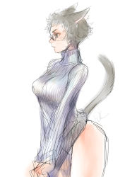Rule 34 | 10s, 1girl, animal ears, breasts, cat ears, cat tail, clothes tug, doraeshi, final fantasy, final fantasy xiv, glasses, highres, large breasts, miqo&#039;te, pince-nez, ribbed sweater, short hair, sketch, solo, sweater, sweater tug, tail, taut clothes, turtleneck