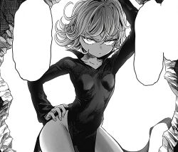 Rule 34 | 1girl, absurdres, angry, breasts, curly hair, dress, greyscale, hand above head, hand on own hip, highleg, highleg dress, highres, leaning to the side, looking at viewer, monochrome, murata yuusuke, navel, official art, one-punch man, skin tight, small breasts, solo, speech bubble, tagme, tatsumaki