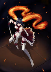 Rule 34 | 1girl, black hair, boots, breasts, demon girl, dress, fiery hair, fire, gloves, highres, kunishige keiichi, large breasts, lipstick, makeup, original, short hair, solo, sword, thigh boots, thighhighs, weapon, yellow eyes, zettai ryouiki
