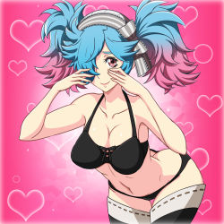 Rule 34 | 1girl, arched back, ass, bare arms, bare shoulders, black bra, black panties, bra, breasts, butt crack, cleavage, fire emblem, fire emblem fates, hair over one eye, hair ribbon, heart, highres, large breasts, legs, looking at viewer, multicolored hair, navel, nintendo, panties, peri (fire emblem), red eyes, ribbon, simple background, smile, solo, standing, thighs, underwear, yuki (12cut)
