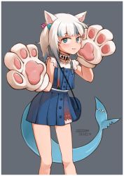 Rule 34 | 1girl, absurdres, animal ears, animal hands, artist name, bag, bell, blue eyes, blue hair, blue skirt, blunt bangs, buttons, cat ears, cat paws, closed mouth, collar, english text, fins, fish tail, gawr gura, gawr gura (casual), gloves, grey background, hair ornament, handbag, hands up, highres, hololive, hololive english, jingle bell, looking at viewer, medium hair, multicolored hair, neck bell, paw gloves, phinci, pleated skirt, shark girl, shark hair ornament, shark tail, shirt, short sleeves, shoulder bag, sidelocks, simple background, skirt, solo, standing, stitches, streaked hair, tail, twintails, virtual youtuber, white hair