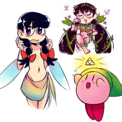 Rule 34 | 1boy, 1girl, black hair, braid, censored nipples, convenient censoring, great fairy (zelda), hair censor, hair over breasts, hair ribbon, kirby, kirby (series), kirby 64, multiple views, navel, nintendo, pie (aipiepo), purple eyes, ribbon, ripple star queen, the legend of zelda, thighs, triforce, white background, wings