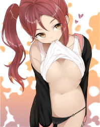 Rule 34 | 10s, 1girl, alternate hairstyle, black legwear, black panties, breasts, brown eyes, cameltoe, clothes in mouth, clothes lift, eyes visible through hair, guranyto, heart, long hair, looking away, love live!, love live! sunshine!!, medium breasts, mouth hold, navel, no bra, off shoulder, panties, red hair, sakurauchi riko, shirt in mouth, shirt lift, side ponytail, single bare shoulder, solo, standing, tank top, underboob, underwear