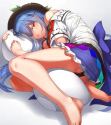 Rule 34 | 1girl, ;/, absurdres, bare legs, barefoot, black hat, black skirt, blue hair, blush, closed mouth, feet, fetal position, food, frilled skirt, frills, fruit, hat, highres, hinanawi tenshi, hugging object, leaf, long hair, looking at viewer, lying, neropaso, off shoulder, on side, peach, pillow, pillow hug, red eyes, shirt, short sleeves, skirt, solo, touhou, white shirt