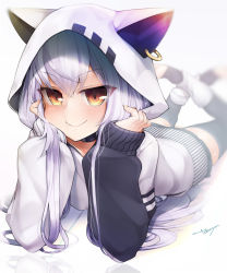 Rule 34 | 1girl, animal hood, azuma lim, azuma lim channel, bad id, bad pixiv id, black choker, blurry, blurry background, brown eyes, cat hood, choker, commentary request, depth of field, highres, hood, hood up, hoodie, light purple hair, long hair, long sleeves, looking at viewer, lying, on stomach, reflection, signature, sleeves past wrists, smile, solo, tanyatonya, the pose, thighhighs, toeless legwear, virtual youtuber