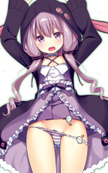 Rule 34 | 1girl, animal ears, animal hood, arms up, black hoodie, clothes lift, cursor, dress, dress lift, fake animal ears, gluteal fold, groin, hand cursor, hood, hoodie, lifting another&#039;s clothes, long hair, low twintails, open mouth, panties, panty pull, pulling another&#039;s clothes, purple dress, purple eyes, purple hair, rabbit ears, simple background, solo, striped clothes, striped panties, surprised, tears, thigh gap, thighs, twintails, underwear, usume shirou, voiceroid, white background, yuzuki yukari