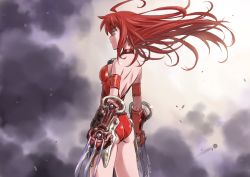 Rule 34 | 1girl, ass, back, backless leotard, backless outfit, bare back, bare shoulders, claw (weapon), isedaichi ken, leotard, long hair, mieu (phantasy star), phantasy star, phantasy star iii, red hair, sega, solo, weapon, wind, wind lift