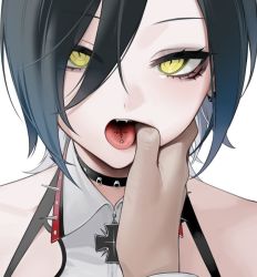 Rule 34 | 1boy, 1girl, azur lane, bad id, bad twitter id, black hair, blue hair, choker, collar, collared shirt, cross, eyeshadow, fangs, finger in another&#039;s mouth, hair between eyes, hand in mouth, jewelry, long eyelashes, looking at viewer, makeup, ohisashiburi, open mouth, original, pale skin, piercing, sharp teeth, shirt, short hair, simple background, solo, spiked collar, spikes, tattoo, teeth, tongue, tongue piercing, tongue tattoo, ulrich von hutten (azur lane), white background