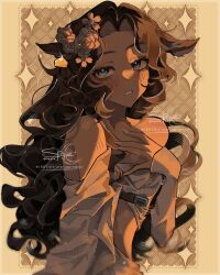 Rule 34 | 1girl, animal ears, bare shoulders, blush, brown hair, curly hair, deer ears, deer girl, flower, green eyes, hair flower, hair ornament, hand on own chest, hand up, highres, jessica (reverse:1999), long hair, looking at viewer, off shoulder, orange theme, parted lips, reverse:1999, shirt, sidelighting, solo, sparkle background, spqve, upper body, watermark, white shirt, yellow background