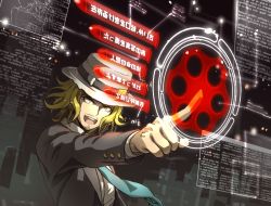 Rule 34 | 1boy, blonde hair, blue necktie, boater hat, commentary request, danganronpa (series), danganronpa 3 (anime), facial hair, formal, gameplay mechanics, hat, holographic interface, jacket, kizakura kouichi, male focus, medium hair, mustache, necktie, open mouth, pointing, smile, solo, suit, translation request, upper body, yellow eyes, youko-shima